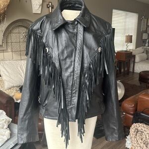 Open Road Black Leather Fringe Jacket size 8